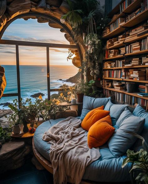 Cool Reading Nooks, Cozy Bookstore Aesthetic, Lofted Beds, Cafe Bookstore, Tiny House Bedroom, Wall Painting Art, Tiny House Floor Plans, House Bedroom, Bedroom Design Ideas