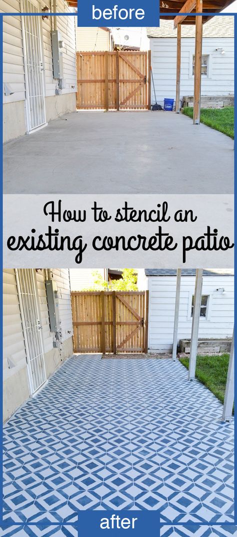 How To Stencil an Existing Concrete Patio | Plaid & Paleo Stenciling Concrete Porch, Stencil On Concrete Patio, Stenciling Concrete Patio, How To Stencil Concrete Patio, Cement Stencil Patio, Patio Stencil Concrete Diy, How To Paint Concrete Patio, Patio Stencil Ideas, Stenciled Concrete Floor Patio