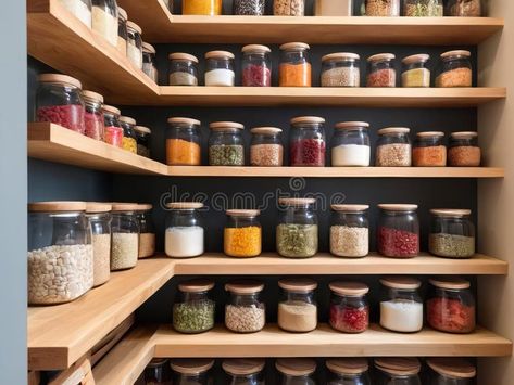 Efficient sustainable pantry organization with glass jars on rustic wooden shelves, creating a neat and visually stock photography Jar Shelves, Sustainable Pantry, Rustic Wooden Shelves, Pantry Organization, Wooden Shelves, Glass Jars, Pantry, Stock Photography, Sustainability