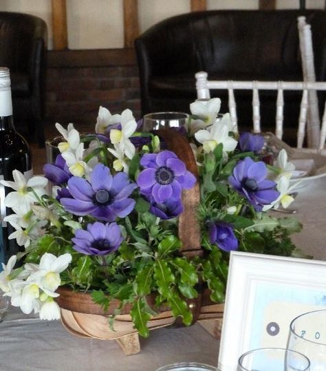 Wedding Ideas, Apple Crates, Ceremony Flowers, Jam Jar, Seasonal Flowers, Table Arrangements, Anemone, Dahlia, Flower Arrangements