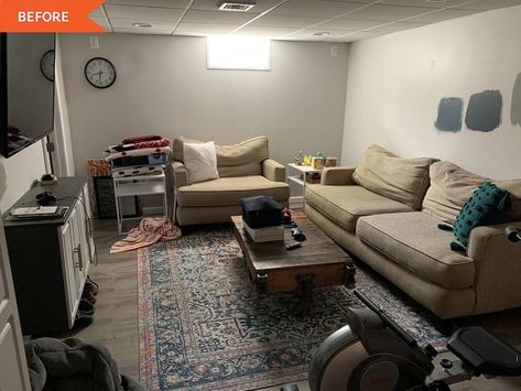 Basement Redo with Navy Paint - Before and After Photos | Apartment Therapy Basement Makeover Before And After, Small Cozy Basement, Basement Apartment Ideas Room Layouts, Small Basement Ideas Layout, Small Basement Ideas Cozy, Small Finished Basements, Basement Tv Rooms, Basement Paint Colors, Basement Painting