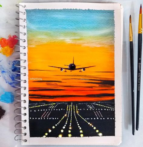 Plane takeoff painting 🧡🧡 Takeoff Painting, Plane Takeoff, Aeroplane Painting, Plane Sunset, Airplane Painting, Postal Card, Canvas Art Painting Abstract, Easy Cartoon Drawings, Trippy Painting