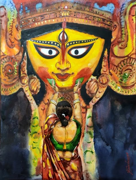 Durga Puja Watercolor Painting, Durga Puja Aesthetic Drawing, Durga Painting Watercolor, Durga Painting Artworks, Ma Durga Painting, Durga Puja Painting, Insta Logo, Durga Maa Paintings, Chinese Dragon Art