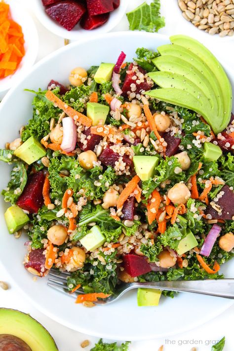 Kale Superfood Power Salad (Vegan!) - The Garden Grazer Wfpbno Recipes, Southwestern Chopped Salad, Garden Grazer, Vegetarian Ideas, Power Salad, Superfood Salad, Planning Board, Packed Lunches, Kale And Spinach