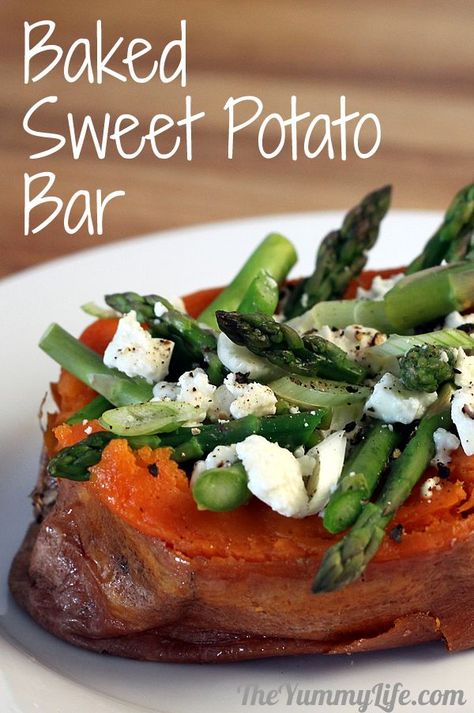 BAKED SWEET POTATO BAR for a fun, healthy family meal or party buffet. TheYummyLife.com Sweet Potato Bar, Loaded Baked Sweet Potato, Baked Potato Bar, Slow Cooker Baking, Potato Bar, Healthy Family Meals, Baked Sweet Potato, Party Buffet, Healthy Family