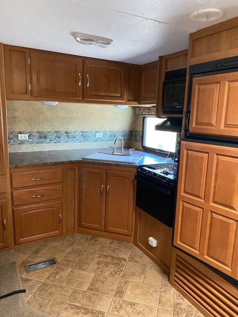 RV Before & After: The Big Interior Reveal — By Angela Rv Inspiration, Rv Interior Remodel, Dark Brown Cabinets, Mobile Home Renovations, Rv Renovation, Update Cabinets, Diy Camper Remodel, Brown Cabinets, Rv Renovations