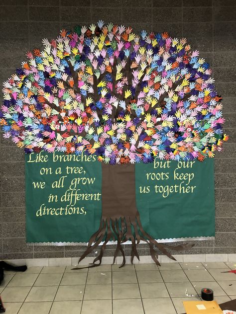 School. Bulletin board. Tree. Leaves. School. Hands. Family. Roots Family Day Decorations School, Bulletin Board Ideas With Trees, Tree Themed Bulletin Boards, School Family Bulletin Board, Senior Class Bulletin Board Ideas, Gratitude Tree Bulletin Board, Childrens Day Bulletin Board Ideas, Creative Family Tree Ideas For School, Family Bulletin Board Ideas Preschool