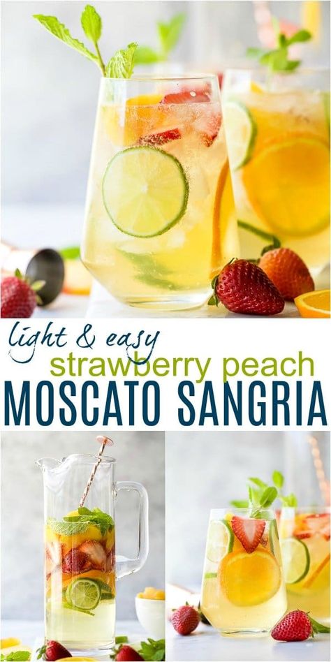 White Wine Sangria With Vodka, Moscato Sangria Recipes, Strawberry Peach Sangria, Peach Moscato, Popular Alcoholic Drinks, Moscato Sangria, White Wine Sangria Recipe, White Wine Sangria, Orange Liquor