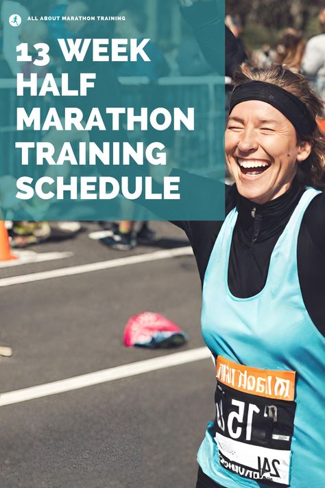 Here is a great beginner friendly 13 week half marathon training plan for those who want to add just 1 mile a week to the long run! All About Marathon Training / Half Marathon Training Program / 13.1 Miles / 13 Week Half Marathon Training Beginner, 13 Week Half Marathon Training, 12 Week Half Marathon Training Plan, Half Marathon Training 12 Week, Half Marathon Training For Beginners, Half Marathon Running Plan, 16 Week Half Marathon Training, Marathon Nutrition, Half Marathon Plan