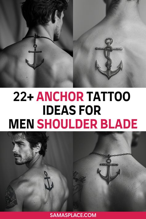 Anchor tattoo on a man’s shoulder blade with bold detailing, symbolizing stability and strength. Mens Anchor Tattoo, Tattoos On The Shoulder, Tattoo Ideas For Men Shoulder, Collarbone Tattoo Men, Anchor Tattoo For Men, Anchor Tattoo Ideas, Simple Anchor Tattoo, Nautical Symbols, Anchor Tattoo Meaning