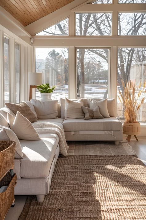 4 Season Porch Ideas Cozy, Sunroom Closet Ideas, Enclosed Sunroom Ideas, 4 Season Sunroom Ideas, Screen Deck, Cottage Sunroom, Modern Sunroom, Great Room Addition, Sunroom Inspiration