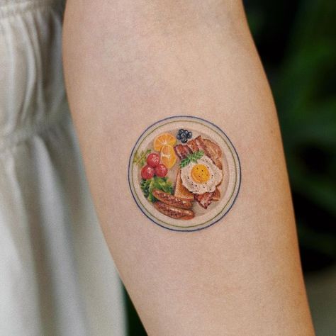 Breakfast Tattoo Ideas, Brunch Tattoo, Small Food Tattoos, Fried Egg Tattoo, Bagel Tattoo, Pancake Tattoo, Breakfast Tattoo, Soup Tattoo, Eat Tattoo Ideas