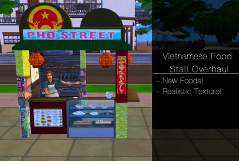 Sims 4 Vietnamese Cc, Sims 4 Custom Food, Sims 4 Asian, Bean Pie, Honeycomb Cake, Sims 4 Mods Cc, Food Stands, Food Stall, Vietnamese Food