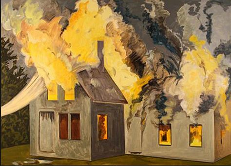 "Burning House, Yellow Smoke" (2007). by Lois Dodd. Oil on panel. This painting stood out to me because of how the organic shape of the flames contrast the geometric lines of the homes. Likewise, Dodd's use of lights versus darks creates another form of contrast. Overall, it was interesting to learn about the story behind Dodd's well known paintings of burning homes. Fairfield Porter, House On Fire, Burning House, Fire Painting, Building Drawing, Fire Art, House Drawing, Puella Magi Madoka Magica, House Fire