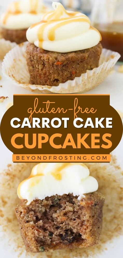 These Gluten-Free Carrot Cake Cupcakes are the BEST! You only need a few minutes to whip together this easy baking recipe. Moist and warmly spiced then topped with salted caramel cream cheese frosting, this simple dessert is irresistible! Gluten Free Carrot Cake Cupcakes, Gluten Free Cupcake Recipe, Cookies Sans Gluten, Irish Desserts, Dessert Oreo, Gluten Free Carrot Cake, Gluten Free Cupcakes, Carrot Cake Cupcakes, Gluten Free Cake