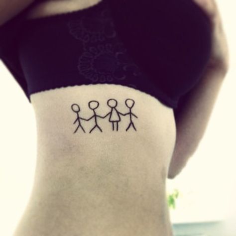 Simple 3 brothers and sister tattoo on the side. Color: Black. Tags: Creative, Nice, Easy, Sister, Brother Stick Figure Tattoo, Tattoo Sister, Matching Tattoos For Siblings, Sister Tat, Brother Tattoos, Tattoo Trend, Bro Sis, Sibling Tattoos, Geniale Tattoos