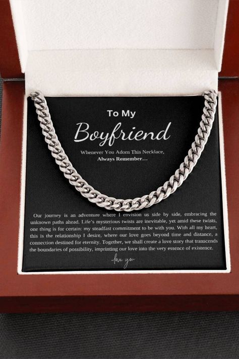 Give your man the gift that symbolizes your everlasting love. Featuring an adjustable chain, this stunning cuban chain necklace is available in polished stainless steel or 14K yellow gold, making it an ideal everyday favorite. A present perfect for a memorable promise gift, Birthday gift, Christmas Gift, or a Special Boyfriend gift. Make sure to dazzle your special someone by gifting them this stunning promise necklace. #boyfriendgift #boyfriendnecklace #giftforboyfriend #boyfriendbirthday #gift Promise Necklace For Boyfriend, Meaningful Christmas Gifts For Boyfriend, Boyfriend Gift Ideas Christmas, Christmas Gifts For Boyfriend Ideas, Gifts For Boyfriend Ideas, Love Letter To Girlfriend, Necklace Boyfriend, Romantic Gifts For Boyfriend, 21st Ideas