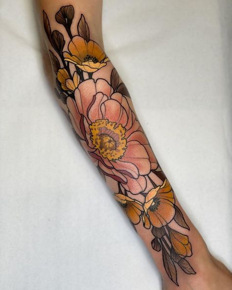 Karmely Sõrmus | My client wanted to use abit more earthy tones 🤍 — Sent home with @tattooarmourpro — #neotrad #neotraditional #tattoo #art #tattooart... | Instagram Art Nouveau Shoulder Tattoo, Neo Nouveau Tattoo, Brown Floral Tattoo, Whimsical Animal Tattoo, Art Nouveau Back Tattoo, Neotraditional Peony Tattoo, Floral Arm Sleeve Tattoo, Neo Trad Flowers, Arm Tattoo Flower