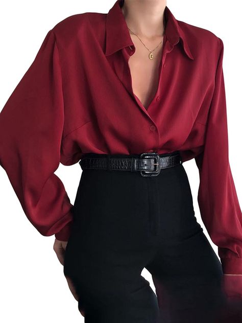 831c2f88a604a07ca94314b56a4921b8desc52768796ri Baggy Tops, Loose Blouse, Office Lady, Outfit Casual, Casual Blouse, Office Ladies, Long Sleeve Casual, Wine Red, Look Cool