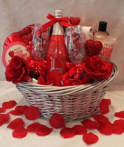 Valentines Day Gift Baskets For Couples, Romantic Basket Ideas, Couple Baskets Gift, Diy Valentines Baskets To Sell, Anniversary Baskets For Her, Valentine Baskets Ideas, Valentines Baskets Ideas, Diy Valentines Baskets, Valentines Day Basket Ideas