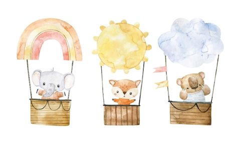 Vector cute baby animal flying in a hot ... | Premium Vector #Freepik #vector #hot-air-balloon #hot-air-balloon-watercolor #air-balloon #hot-air Hot Air Balloon Cartoon, Balloon Watercolor, Nursery Stickers, Balloon Cartoon, Collection Design, Nursery Design, Hot Air Balloon, Air Balloon, Hot Air