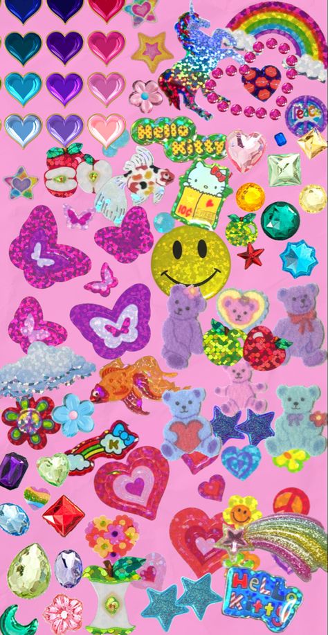 pink background image with multiple scanned-like pictures of different types of stickers, like: sparkly pink hearts, sparkly butterflies, puffy glittery stars, sparkly smiley face, rhinestones, heart-shaped rhinestones, hello kitty stickers, sparkly peace sign stickers. Pink 90s Aesthetic Wallpaper, Y2k Airbrush, Sticker For Phone Case, Sticker Collection Book, Sparkly Stickers, Sticker For Phone, Tie Dye Wallpaper, Sticker Collage, Wallpaper Cover