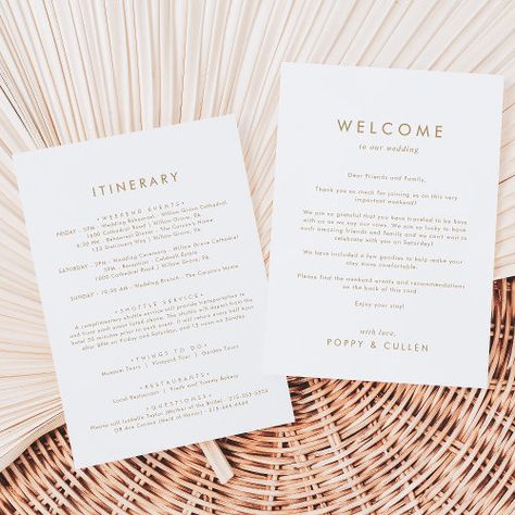 Chic Gold Typography Welcome Letter & Itinerary Summer Craft - rustic wedding welcome letter itinerary, modern wedding hotel guest note, simple wedding weekend, minimalist schedule of events, boho destination wedding welcome bags, classic welcome to our wedding, minimal out of town agenda, elegant chic typography template k400, mod winter fall spring summer, bohemian neutral yellow gold white Wedding Welcome Letter, Summer Calligraphy, Elegant Gold Wedding, Wedding Welcome Letters, Destination Wedding Welcome Bag, Welcome Letter, Minimalist Card, Gold Typography, Wedding Itinerary