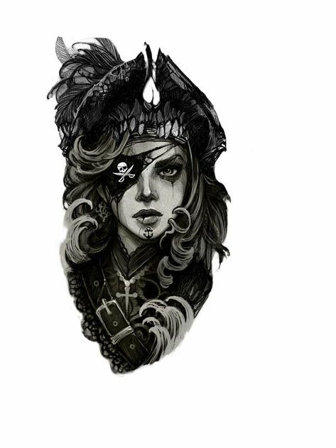 Dark Pirate Tattoo, Pirate Lady Tattoo, Pirate Girl Tattoos, Small Dope Tattoos, Tatuaje Cover Up, Pirate Face, Pirate Tattoo, Blackwork Designs, Girl Face Tattoo