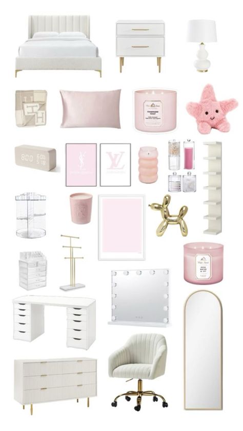 It Girl Room Ideas, Cute Pink And White Room Ideas, Pink Gold And White Room, Room Ideas Aesthetic Pink And White, White Pink And Gold Bedroom, Bedroom Gold Decor, Pink White Gold Bedroom, Chanel Room Ideas, Ballet Core Room