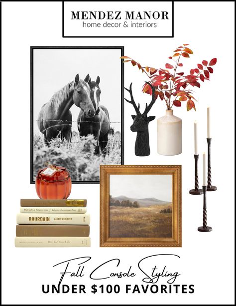 Fall Console Table Accessories and Decor all under $100 Under Window Decor, Branch Arrangements, Iron Candle Holders, Console Styling, Decorating For Fall, Iron Candlesticks, Console Table Accessories, Autumn Display, Fall Items