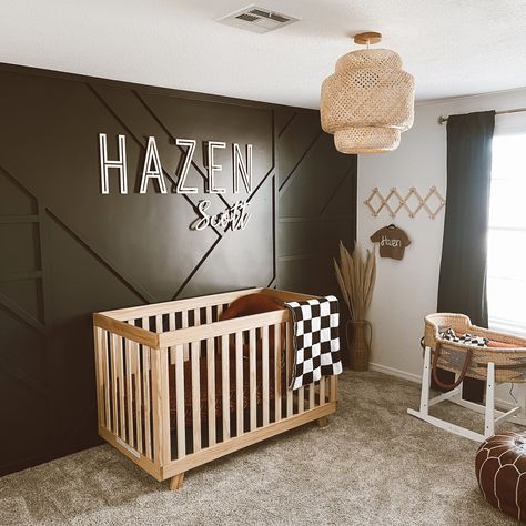 "Looking to purchase only a first name?! Click the link below to checkout a listing for a first name only in the Oliver font!  https://www.etsy.com/listing/1235443513/name-cutouts-for-nursery-wooden-letters Having trouble choosing a middle name font?! Check out our preview website below to see your name in every font we offer. http://next.previewmyfont.com/ These free-hanging name signs are the perfect addition for your kids' room or nursery room decor. They also make great gifts or decor for ba Nursery With Checkered Rug, Nursery Inspo Boy, Black And Brown Nursery, Paneling Nursery, Baby Name Signs Boy, Retro Nursery Ideas, Baby Boy Nursery Room Ideas Themes, Dark Nursery Ideas, Boy Nursery Ideas Themes