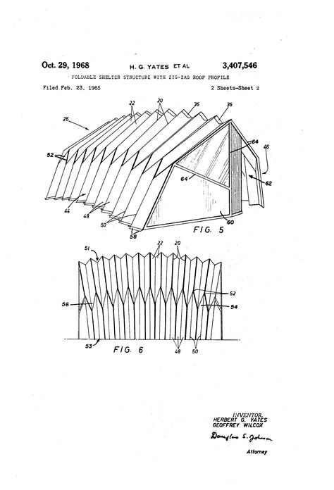 Foldable shelter structure with zig-zag roof profile US 3407546 A Origami Furniture, Folding Structure, Portable Shelter, Temporary Structures, Zaha Hadid Architects, Zaha Hadid, Paper Folding, Recipe Inspiration, Contemporary Architecture