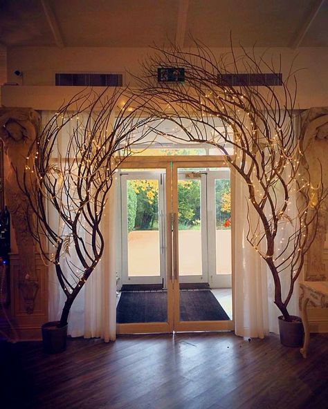 Light Up Branches Decor, Twig Archway Diy Branches, Diy Ballroom Decor, Diy Branch Archway, Holiday Archway Decor Outdoor, Christmas Arches Indoor, Beaded Archway, Holiday Archway Decor, Christmas Decor Archway