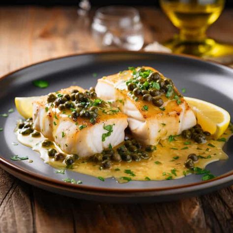 Quick Chilean Sea Bass With Lemon Caper Sauce - Seafood Recipes - LGCM Sea Bass Sauce Recipe, Alaskan Pollock Recipes, Chilean Sea Bass Recipe Pan Seared, Sea Bass Recipes Healthy, Pollock Recipes, Easy Fish Dinners, Butter Fish, Recipe With Garlic, Sea Bass Recipes