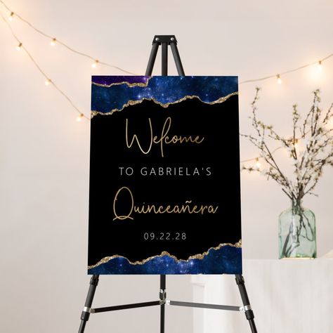 This trendy Quinceañera celebration welcome sign features top and bottom borders of watercolor agate geode in shades of dark blue and purple, sprinkled with twinkling stars and trimmed with faux gold glitter highlights. The words "Welcome" and "Quinceañera" appear in faux gold foil/glitter in decorative modern handwriting font. Customize the rest of the text with the guest of honor's name and the date in white. Modern Handwriting, Party Welcome Sign, 90's Birthday Party, Sweet Sixteen Parties, 70th Birthday Parties, 80th Birthday Party, 18th Birthday Party, Birthday Party 21, 60th Birthday Party