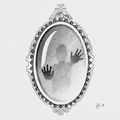 Spooky Mirror, Mirror Tattoos, Dotted Drawings, Tattoo Dotwork, Stippling Art, Illustration Sketchbook, 4 Tattoo, Spooky Tattoos, Sketch Tattoo