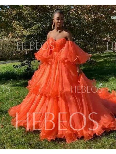 A-Line/Princess Organza Off-the-Shoulder Layers Long Sleeves Floor-Length Dresses - Formal Dresses - Hebeos Flowy Prom Dress, Prom Dresses Off The Shoulder, Tiered Prom Dress, Orange Prom Dresses, Dressy Attire, Luxury Floor, Photoshoot Dress, Prom Girl, Ball Gowns Prom