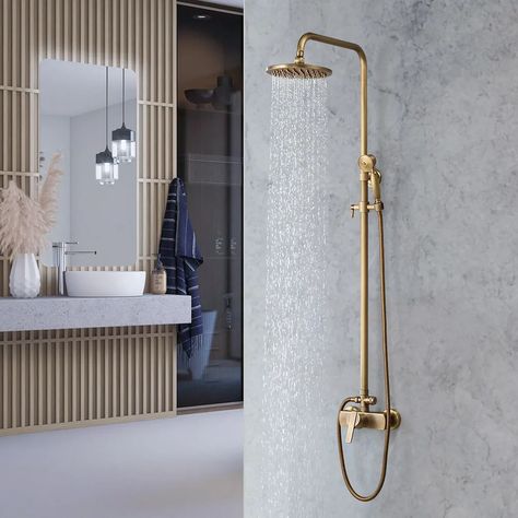 Antique Brass Exposed Wall Mount Shower Set with 200mm Rain Shower Head and Hand Shower Brass Shower Head, Gold Shower, Shower Fixtures, Brass Shower, Bath Faucet, Shower Hose, Rain Shower Head, Spray Pattern, Shower Arm