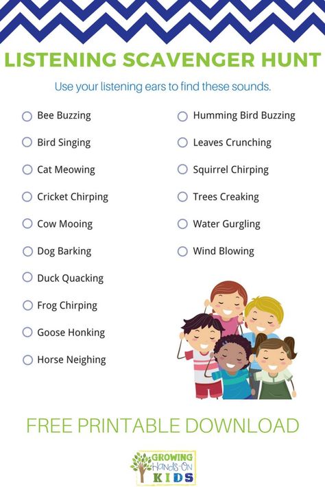 Listening Scavenger Hunt for kids, includes free printable download. via @growhandsonkids Listening Exercises For Kids, Listening Activities For Kids, Nature Club, Listening Activities, Senses Activities, Scavenger Hunt For Kids, Learning Tips, Scavenger Hunts, 5 Senses