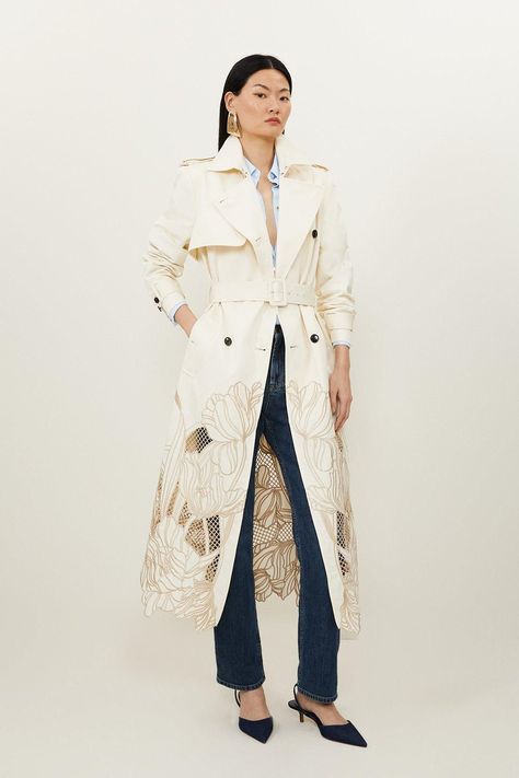 Tailored Cutwork Embroidered Belted Trench Coat - Ivory Workwear Capsule Wardrobe, Workwear Capsule, Plus Size Workwear, Spring Wedding Guest Dress, Eid Outfits, Chic Coat, Outfits Petite, Belted Trench Coat, Karen Millen