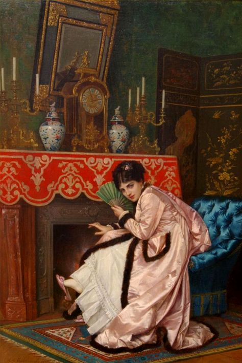 Woman Sitting in Front of a Fireplace by Auguste Toulmouche Auguste Toulmouche, John William Godward, Victorian Paintings, Woman Sitting, A4 Poster, Antique Paint, Vintage Artwork, French Art, French Artists