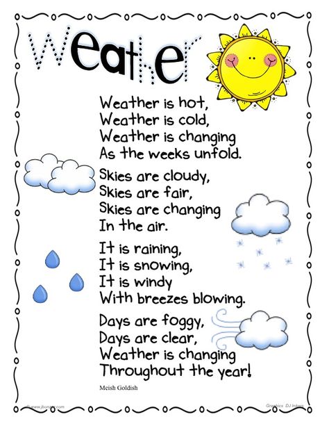 Simple Poems For Kids, Weather Poem, Short Poems For Kids, Rhyming Poems For Kids, Weather Kindergarten, Weather For Kids, Summer Poems, Preschool Poems, Weather Song