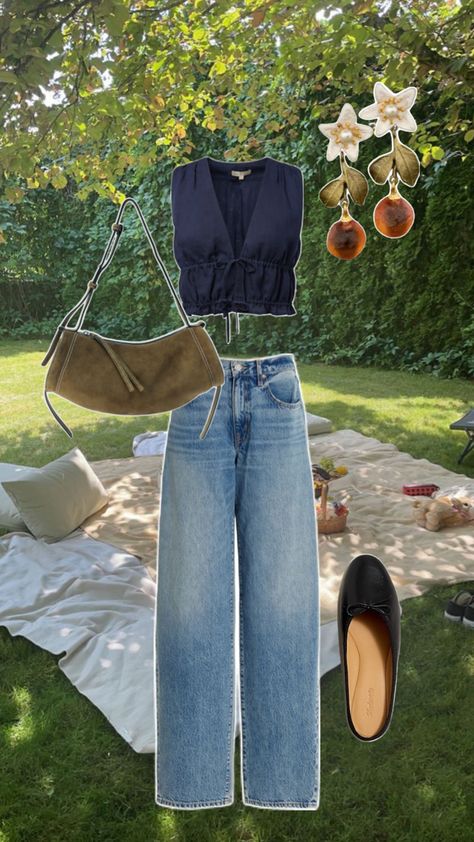 Summer fit, spring fit, women’s fashion, women’s outfit, high waisted jeans, blue tie front top, ballet flat mules, picnic aesthetic Blue Jeans Summer Outfit, Picnic Outfit, Picnic Aesthetic, Jeans Outfit Summer, Spring Fits, Flat Mules, Tie Front Top, High Waisted Jeans, Front Tie Top