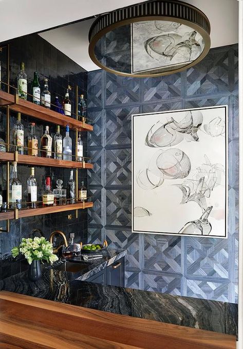 L Shaped Wet Bar with Blue Parquet Wall Tiles - Transitional - Kitchen Blue Home Bar, Square Backsplash, Navy Blue Bar, L Shape Bar, Grey Textured Wallpaper, Wet Bar Cabinets, Art Deco Stool, L Shaped Bar, Brass Shelves