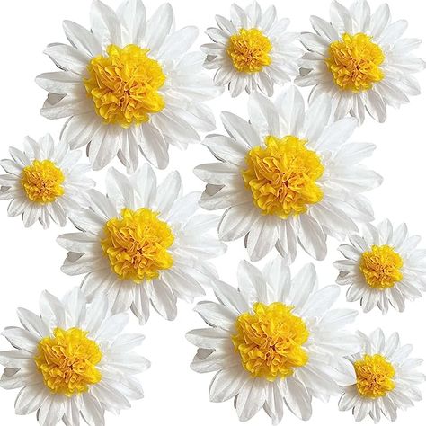 Tissue Paper Pom Poms Decoration, Party Decorations White, Flower Party Decorations, Daisy Decorations, Flowers Wall Hanging, White Yellow Flowers, Daisy Party, Paper Party Decorations, Tissue Pom Poms