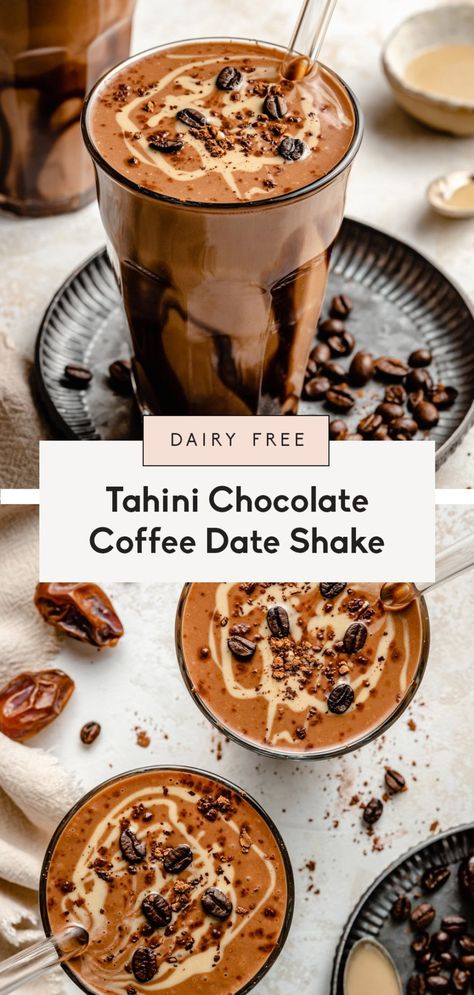 Thick & delicious tahini coffee date shake made with creamy coconut milk and naturally sweetened with dates. This easy coffee date shake recipe has a hint of rich chocolate flavor from cacao powder and even packs in sneaky veggies! You'll love this shake for a wonderful breakfast or afternoon pick-me-up. #smoothie #shake #coffee #breakfast #veganbreakfast #dairyfree Tahini Coffee, Date Shake Recipe, Date Smoothie Recipes, Sneaky Veggies, Date Shake, Tahini Chocolate, Date Smoothie, Blueberry Smoothie Recipe, Ambitious Kitchen