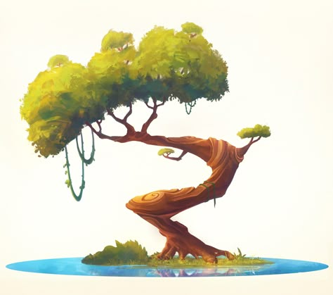 Fantasy Tree Drawing, Stylized Trees, Fantasy Tree, 동화 삽화, 2d Game Art, Tree Illustration, Tree Drawing, Fantasy Art Landscapes, Landscape Illustration