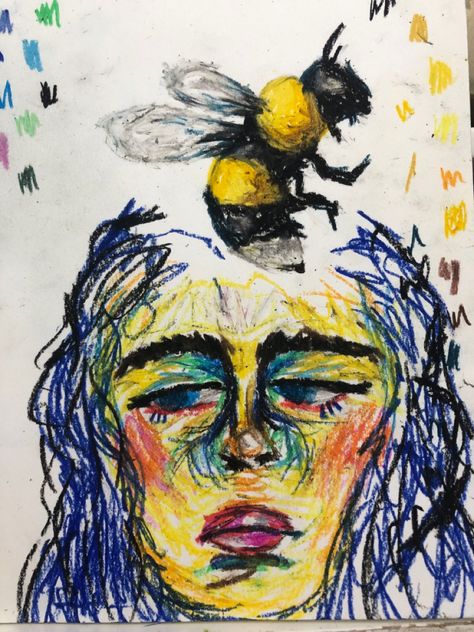 Oil pastel bee and abstract girl Pastel Sketches, Abstract Girl, Oil Pastels, Bob Ross, Pastel Drawing, Oil Pastel, Art Inspiration, Bee, Pastel