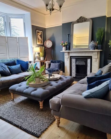 Navy And Grey Living Room, Blue And Gray Living Room, Navy Blue And Grey Living Room, Blue Wallpaper Living Room, Blue Grey Living Room, Grey And Yellow Living Room, Grey Living Room Ideas, Light Blue Living Room, Gray Living Room