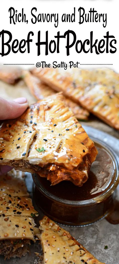 These delicious Beef Hot Pockets are the perfect idea to use up leftover roast beef. This easy meat pie recipe uses ready-made pie dough so putting these together is a snap. Dip them in savory gravy or serve them for dinner with mashed potatoes, this beef hand pie recipe is a winner! Ground Beef Pockets, Meat Pockets Beef, Beef Pasties Recipes, Leftover Roast Beef Ideas, Leftover Beef Roast Recipes, Beef Pockets, Easy Meat Pie Recipe, Meat Pockets, Dinner With Mashed Potatoes